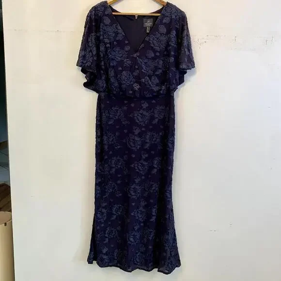 ADRIANNA PAPELL navy burnout velvet floral long blouson dress sz 10